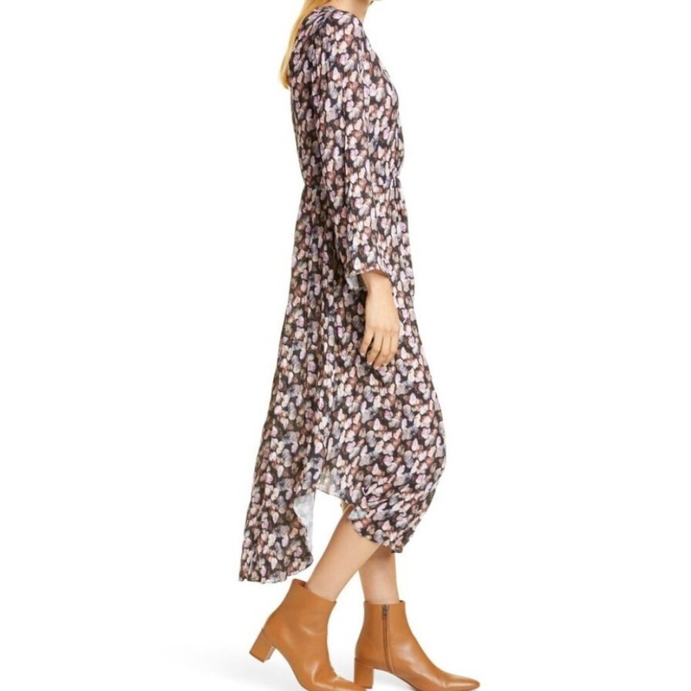 Vince Esme V-Neck Long Sleeve Micro Painted Floral Twist Drape Midi Dress Sz 14 - Picture 6 of 12